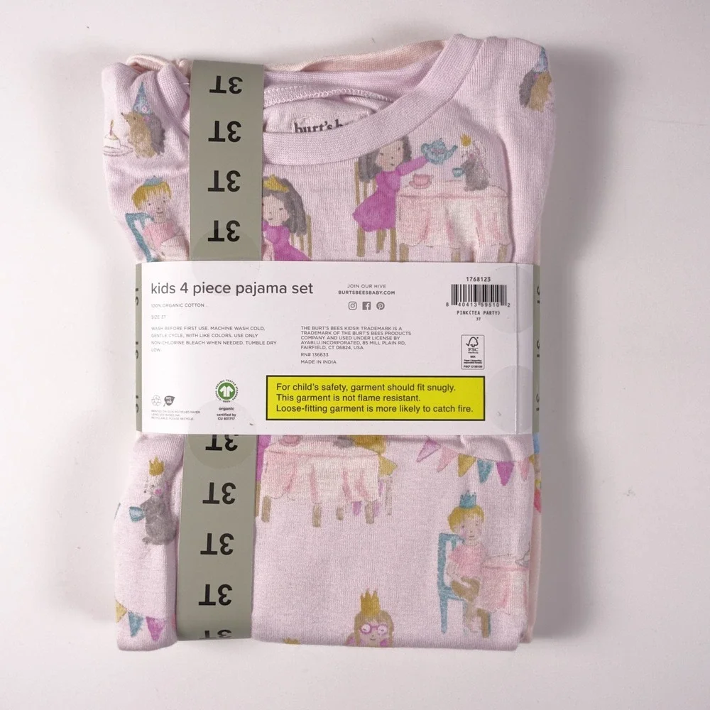 Burts Bees Kids 3T 4-Piece Pajama Set 100% Organic Cotton Pink Tea Party Unicorn
